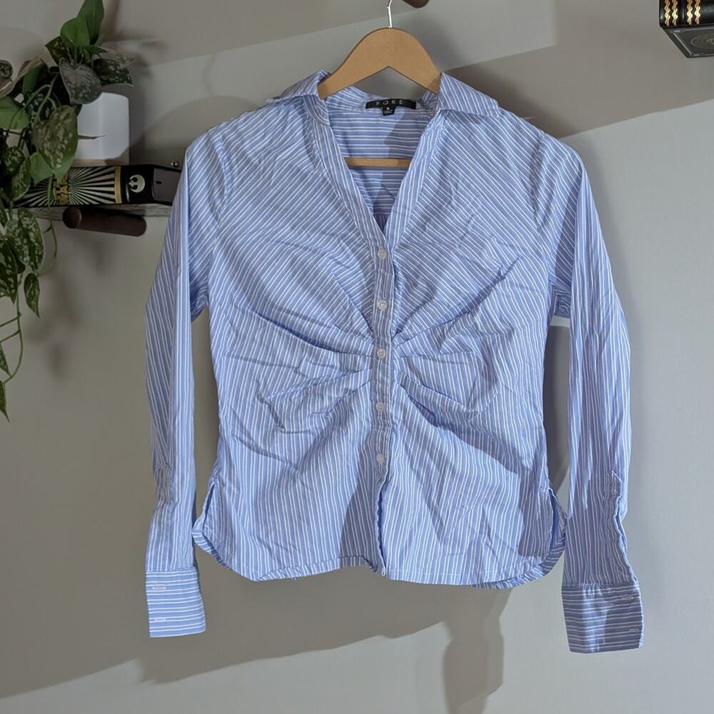 Fore | Blue White Stripe Cotton Button Down Shirt | Women's Size S